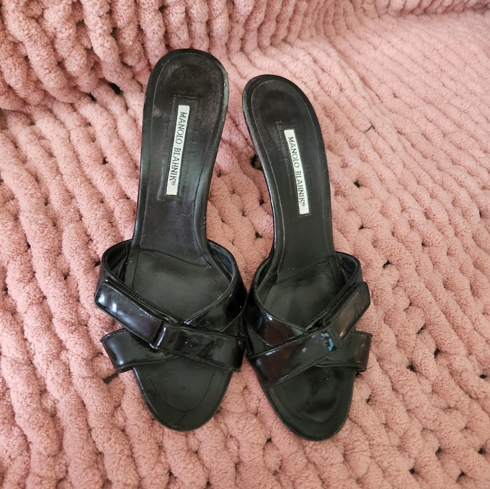 Manolo Blahnik Black Patent Leather Mules